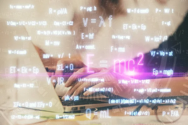 Double Exposure Woman Hands Typing Computer Formula Hologram Drawing Education — Stock Photo, Image