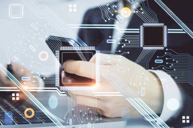 Dijital bir cihaz ve veri temalı çizim kullanan bir adamın el ele tutuşması. Yenilik kavramı.