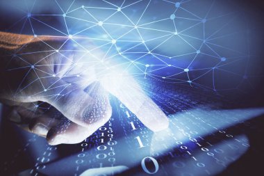 Dijital bir cihaz ve veri temalı çizim kullanan bir adamın el ele tutuşması. Yenilik kavramı.