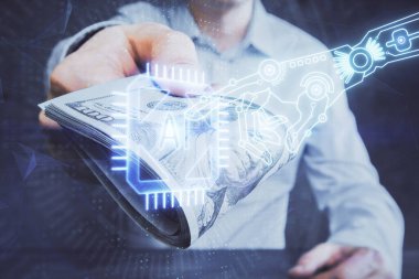 Teknolojinin iki katına çıkması hologram, dolar banknotları ve insan eli. Veri kavramı