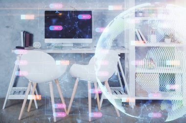 Dünya haritası çizimine ve ofis iç planına çoklu pozlama. Uluslararası ağ kavramı.