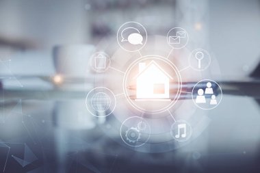 Ofisteki kahve fincanı arka planında binaların hologramını çizerken çift pozlama. Şehir hayatı kavramı