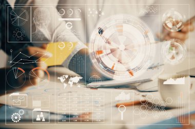 Veri temalı çizimin arka plan yazan insanların üzerine çifte pozlanması. Teknoloji kavramı