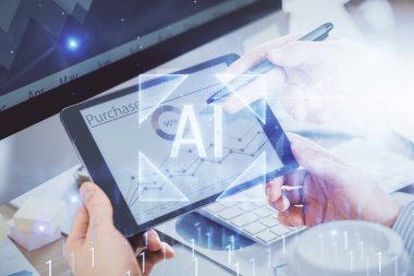 Dijital bir cihaz ve veri temalı çizim kullanan bir adamın el ele tutuşması. Yenilik kavramı.