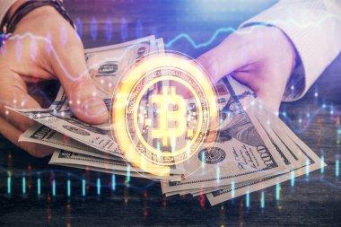 Hologram, Amerikan dolarları ve erkek eli gibi çok sayıda engelleme temasına maruz kalma. İş konsepti.