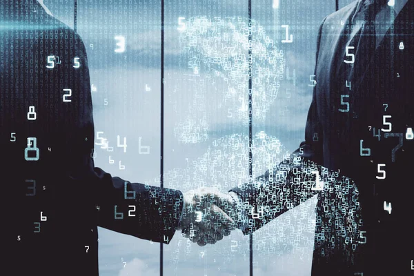 Dubbele Blootstelling Van Data Thema Hologram Handdruk Van Twee Mannen — Stockfoto