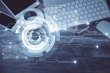 Çalışma masasının üzerine teknoloji teması çizimi çifte pozlama. Üst Manzara. Küresel veri analiz kavramı.