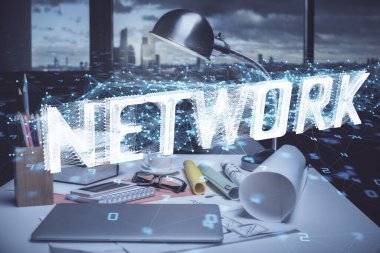 Veri teması çizimi ve ofis içi arka planına çifte maruz kalma. Teknoloji kavramı.