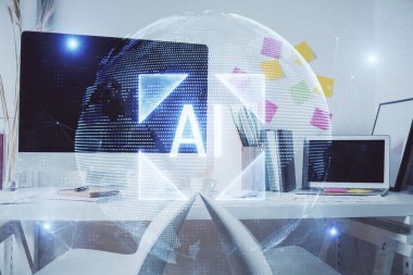 Veri teması çizimi ve ofis içi arka planına çifte maruz kalma. Teknoloji kavramı.