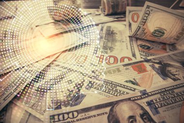 Beynimizin dolar banknotlarının arka planına iki kez çekilmesi. Teknoloji konsepti.