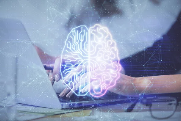 Mehrfachbelichtung Von Frauenhänden Die Computer Und Gehirn Hologrammzeichnungen Arbeiten Konzept — Stockfoto