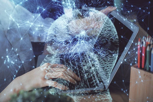 Doppelbelichtung Von Frauenhänden Die Computer Und Gehirn Hologrammzeichnungen Arbeiten Konzept — Stockfoto
