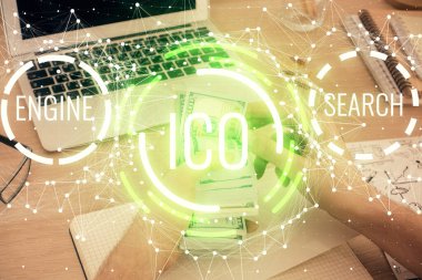 Hologram, Amerikan dolarları ve erkek eli gibi çok sayıda engelleme temasına maruz kalma. İş konsepti.