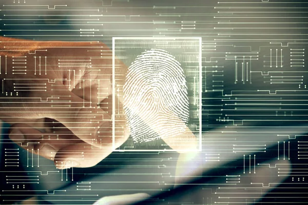 Подвійна Експозиція Рук Людини Тримає Використовує Цифровий Пристрій Голограму Відбитків — стокове фото