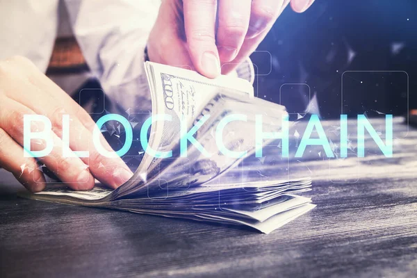 Multi Eksponering Blockchain Tema Tegning Hologram Usa Dollars Regninger Mand - Stock-foto