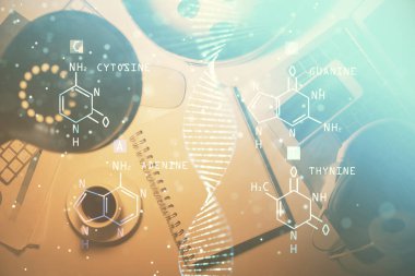 DNA temalı çizim ve çalışma masası üst veiw çift pozlama. Eğitim kavramı.