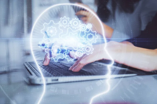 Multi Exposure Woman Hands Working Computer Human Brain Hologram Drawing — Stock Photo, Image