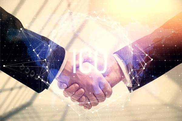 Double Exposure Blockchain Hologram Handshake Two Men Crypto Business Concept — Stock Photo, Image