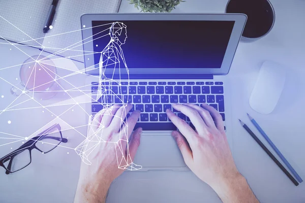 Bir adamın ellerinin bilgisayar klavyesinde yazarken çifte pozlama ve kavramsal başlangıç teması çizimi. Üst görünüm.