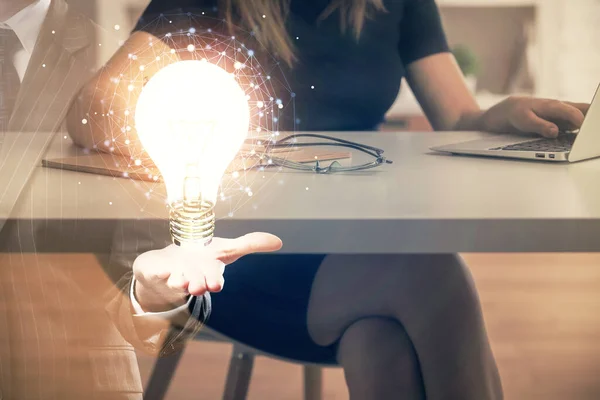 Double Exposure Woman Hands Typing Computer Light Bulb Drawing Idea — Stock Photo, Image