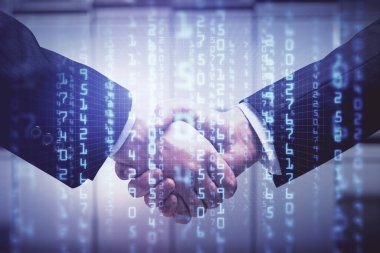 İki kişinin veri temalı hologramı ve el sıkışması. Bilişim endüstrisi konseptinde ortaklık.