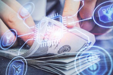 Teknolojinin iki katına çıkması hologram, dolar banknotları ve insan eli. Veri kavramı