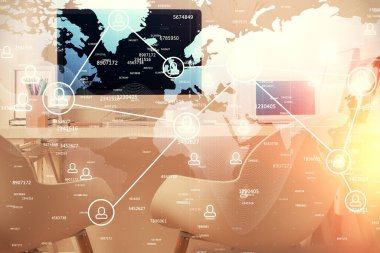 Sosyal ağ temalı çizim ve ofis içi arka planına çift pozlama. Ağ kavramı.