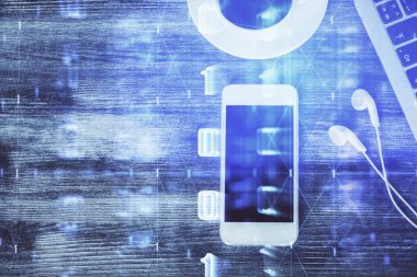 Çalışma masasının üzerine teknoloji teması çizimi çifte pozlama. Üst Manzara. Küresel veri analiz kavramı.