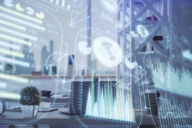 Veri teması çizimi ve ofis içi arka planına çifte maruz kalma. Teknoloji kavramı.