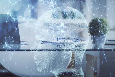 Beyin çizimine ve ofis içi arka planına çifte maruz kalma. Veri teknolojisi kavramı.