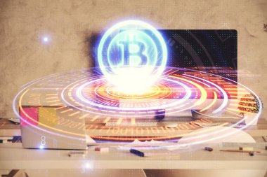 Kripto teknolojisi temalı çizim ve ofis içi arka planına çifte maruz kalma. Engelleme zinciri kavramı.