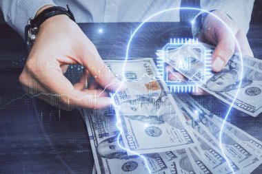 Beynin holograma maruz kalması, bize dolar banknotları ve insan eli çizmesi. Ai yatırım konsepti