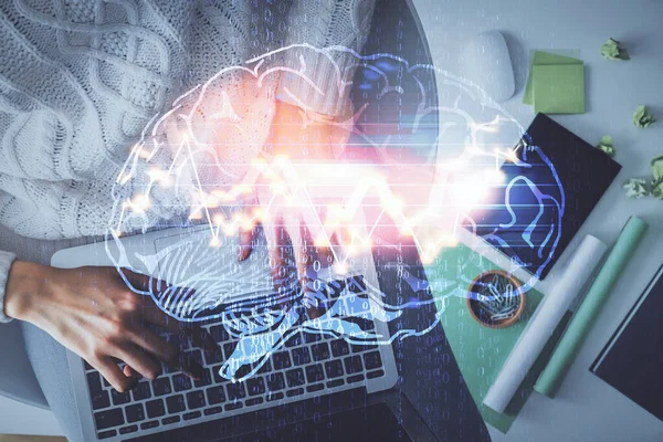 Dupla Exposição Mulher Que Trabalha Computador Edesenho Holograma Cérebro Humano — Fotografia de Stock