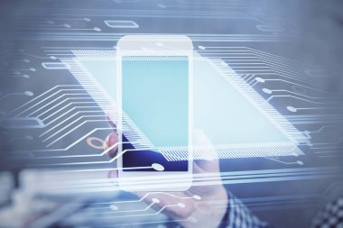 Bir adamın elini tutarken ve dijital bir cihaz ve veri temalı hologram çizimi kullanırken çift pozlama. Teknoloji konsepti.