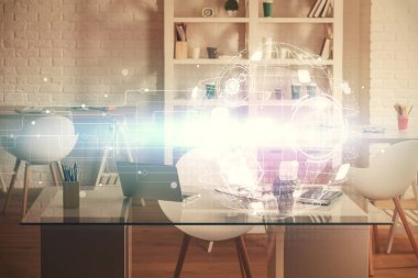 Sosyal ağ temalı çizim ve ofis içi arka planına çift pozlama. Ağ kavramı.