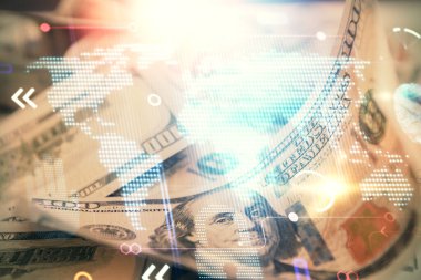 Dünya haritasının arka plandaki dolarları iki katına çıkarması. Uluslararası kavram.