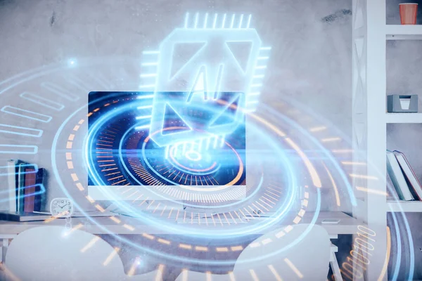 Veri teması çizimi ve ofis içi arka planına çoklu maruz kalma. Teknoloji kavramı.