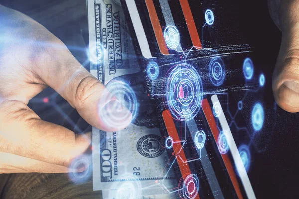 Подвійна Експозиція Технології Малювання Голограми Доларів Сша Рахунків Рук Людини — стокове фото