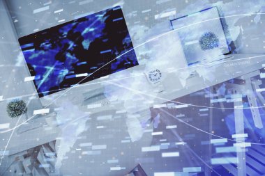 Veri teması çizimi ve ofis içi arka planına çoklu maruz kalma. Teknoloji kavramı.