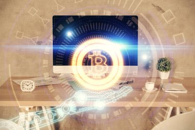 Kripto teknolojisi temalı çizim ve ofis içi arka planına çifte maruz kalma. Engelleme zinciri kavramı.