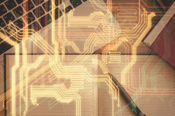 Технологическая Голограмма Рисует Поверх Компьютера Фоне Рабочего Стола Вид Сверху — стоковое фото