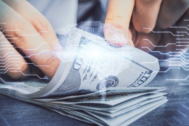 Beynin holograma maruz kalması, bize dolar banknotları ve insan eli çizmesi. Ai yatırım konsepti