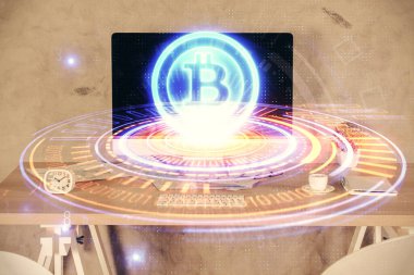 Kripto teknolojisi temalı çizim ve ofis içi arka planına çifte maruz kalma. Engelleme zinciri kavramı.