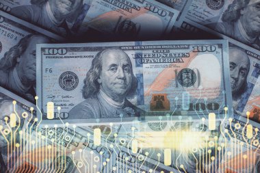 İki kez veri temasına maruz kalınca dolar banknotları arka planda kalıyor. Teknoloji konsepti.