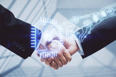 İki kişinin veri temalı hologramı ve el sıkışması. Bilişim endüstrisi konseptinde ortaklık.