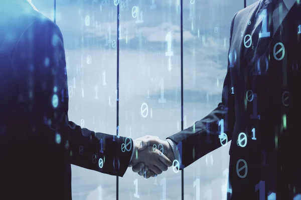 Dubbel Exponering Data Tema Hologram Och Handslag Två Män Partnerskap — Stockfoto