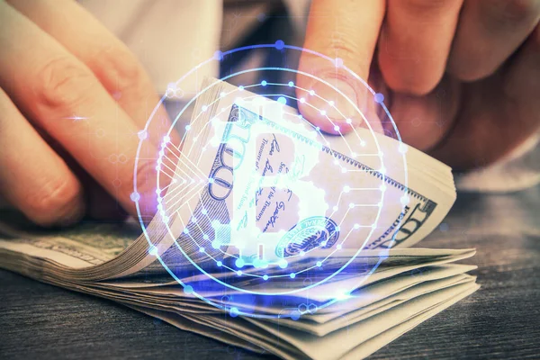 Multi Blootstelling Van Blockchain Thema Tekenen Hologram Dollars Rekeningen Man — Stockfoto
