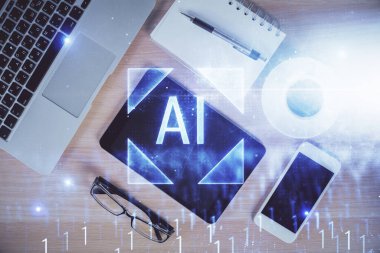 Çalışma masasının üzerine teknoloji teması çizimi çifte pozlama. Üst Manzara. Küresel veri analiz kavramı.