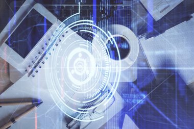 Çalışma masasının üzerine teknoloji teması çizimi çifte pozlama. Üst Manzara. Küresel veri analiz kavramı.