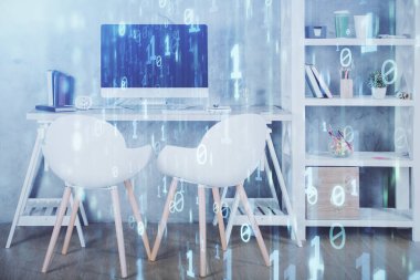 Veri teması çizimi ve ofis içi arka planına çoklu maruz kalma. Teknoloji kavramı.